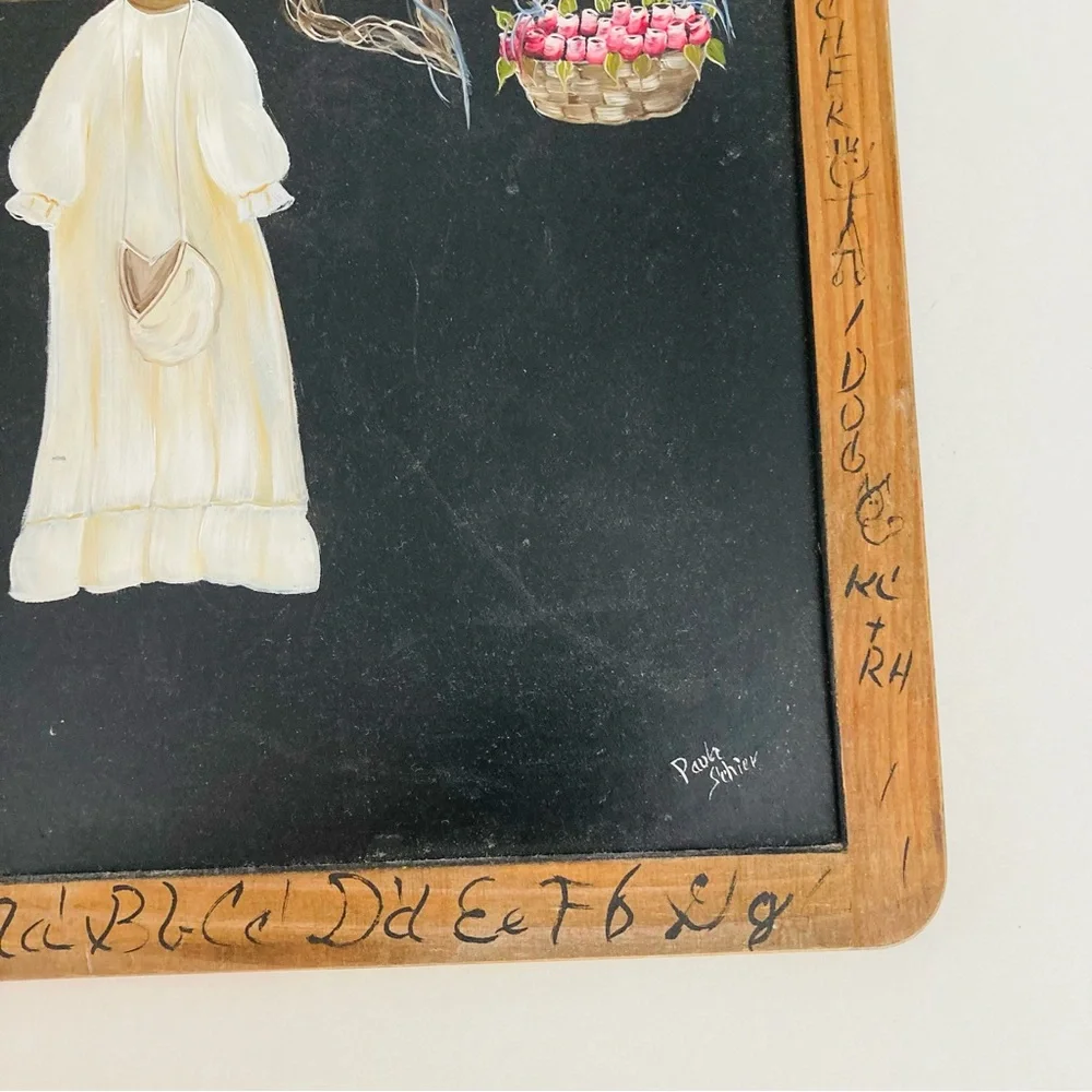 Hand-Painted Wall Hanging Chalkboard with Dress & Basket Folkart by Paula Schier